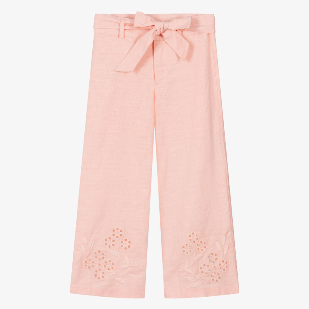 Mayoral-Girls Pink Cotton & Linen Trousers with Floral Embroidery | Childrensalon