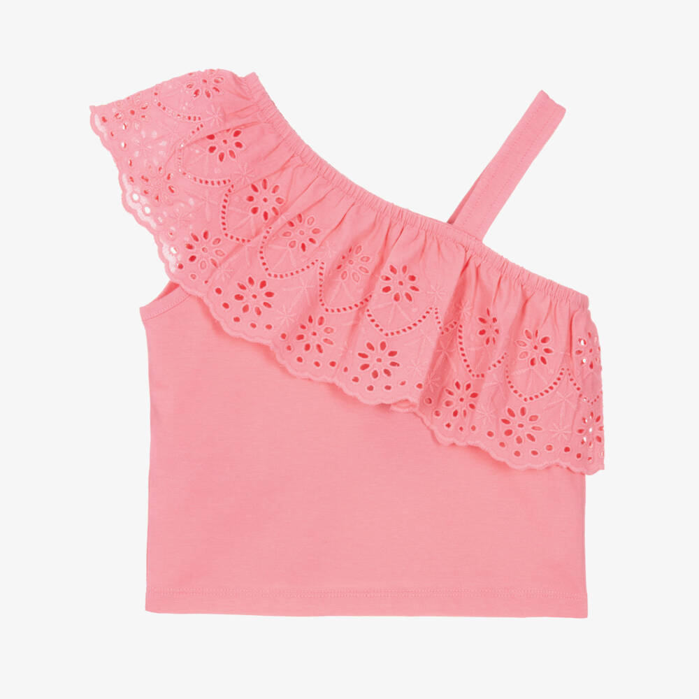 Mayoral-توب بكتف واحد وكشكش قطن لون زهري للبنات | Childrensalon