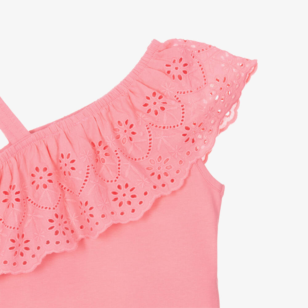 Mayoral-توب بكتف واحد وكشكش قطن لون زهري للبنات | Childrensalon