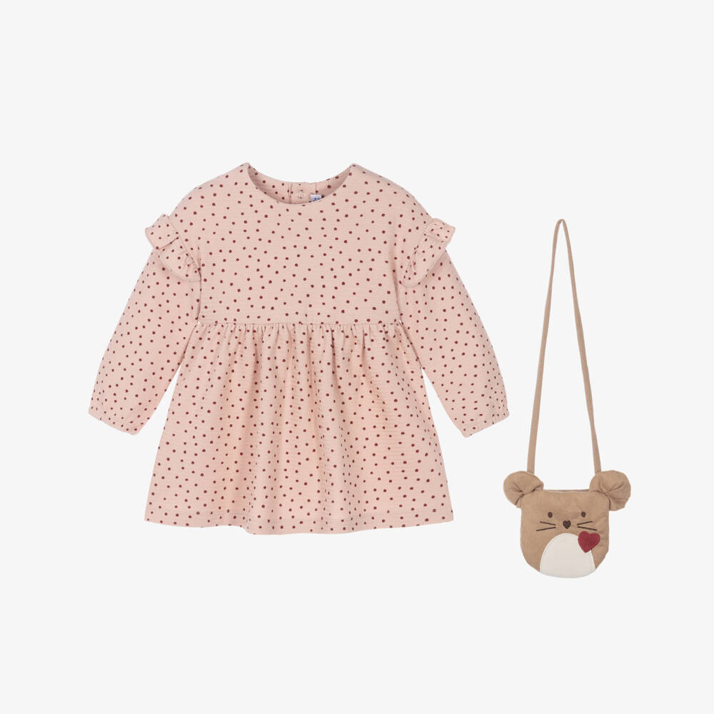 Mayoral-Girls Pink Cotton Polka Dot Dress Set | Childrensalon