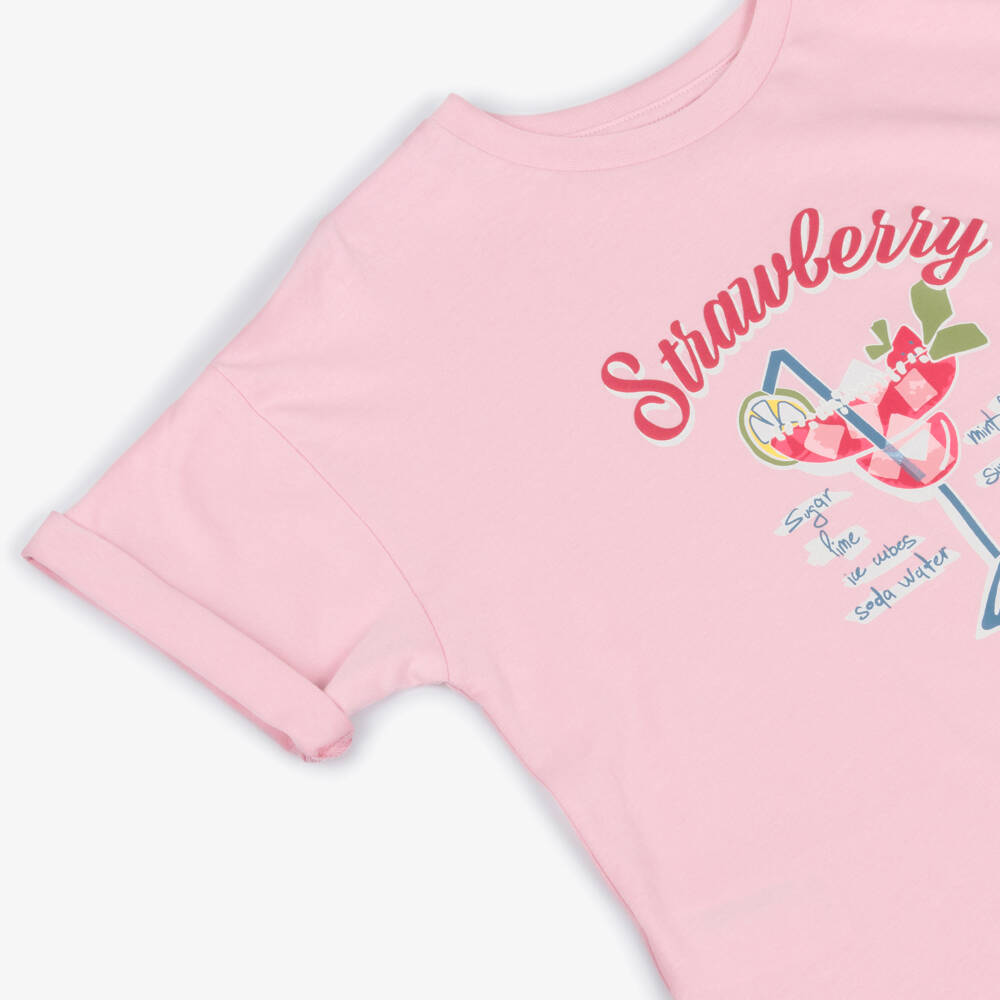 Mayoral-Girls Pink Cotton Strawberry Print T-Shirt | Childrensalon