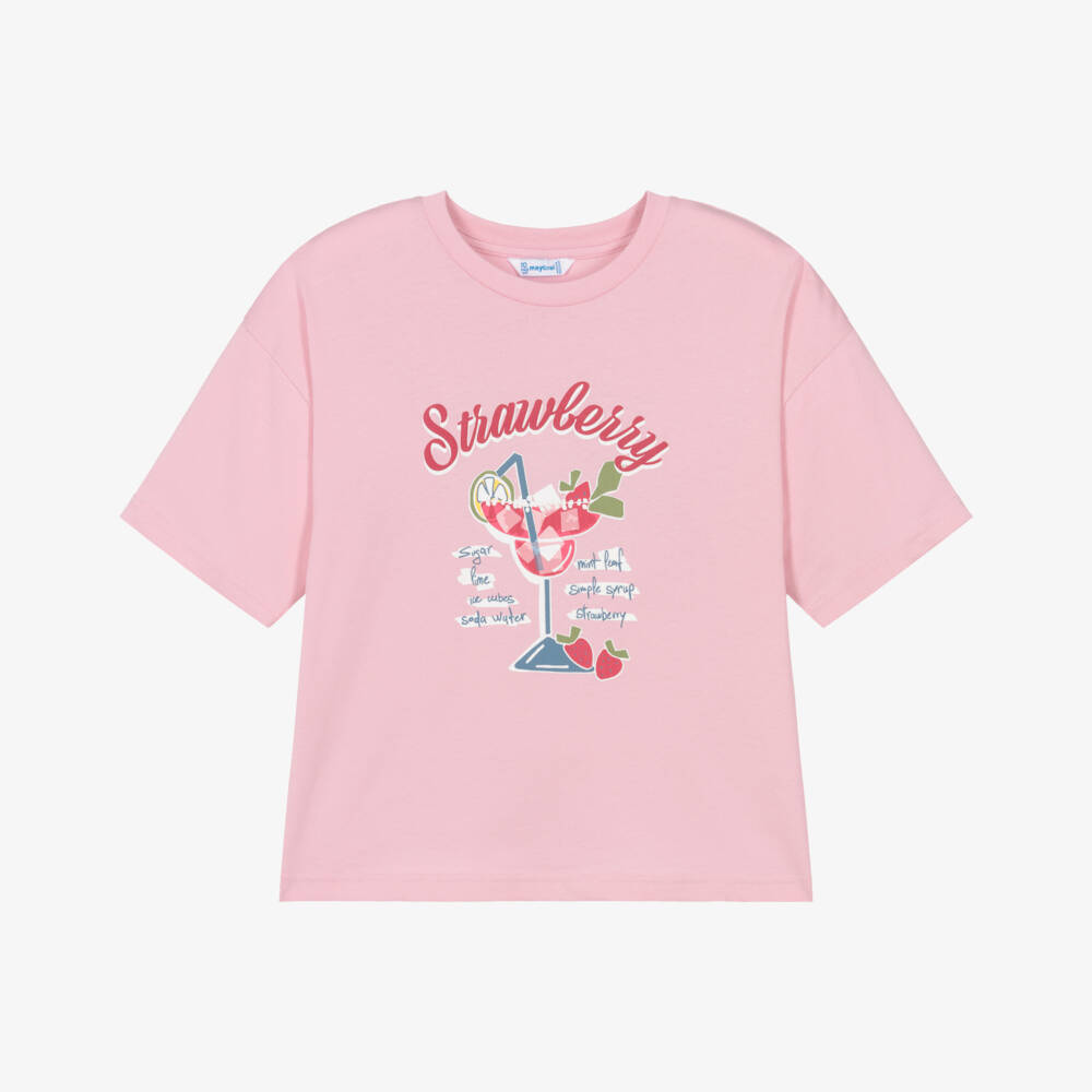 Mayoral-Girls Pink Cotton Strawberry Print T-Shirt | Childrensalon