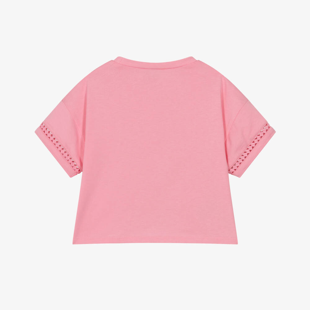 Mayoral-Girls Pink Cotton Tie Front T-Shirt with Pretty Sleeves | Childrensalon