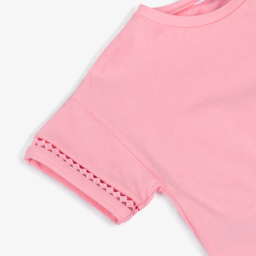 Mayoral-Girls Pink Cotton Tie Front T-Shirt with Pretty Sleeves | Childrensalon