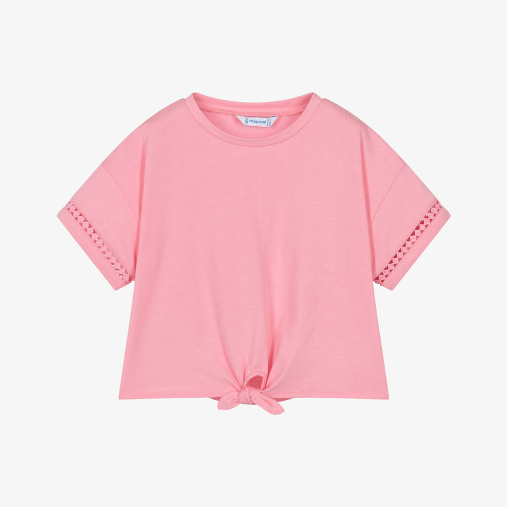 Mayoral-Girls Pink Cotton Tie Front T-Shirt with Pretty Sleeves  | Childrensalon