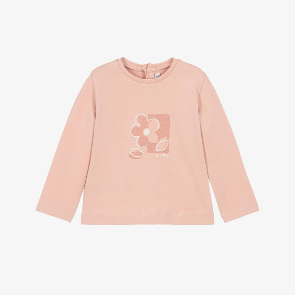 Mayoral-Girls Pink Cotton Top with Sparkly Flower | Childrensalon