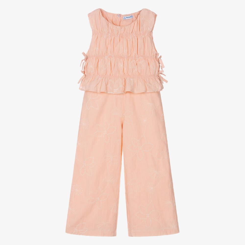 Mayoral-Girls Pink Cotton Trouser Set with Broderie Details | Childrensalon