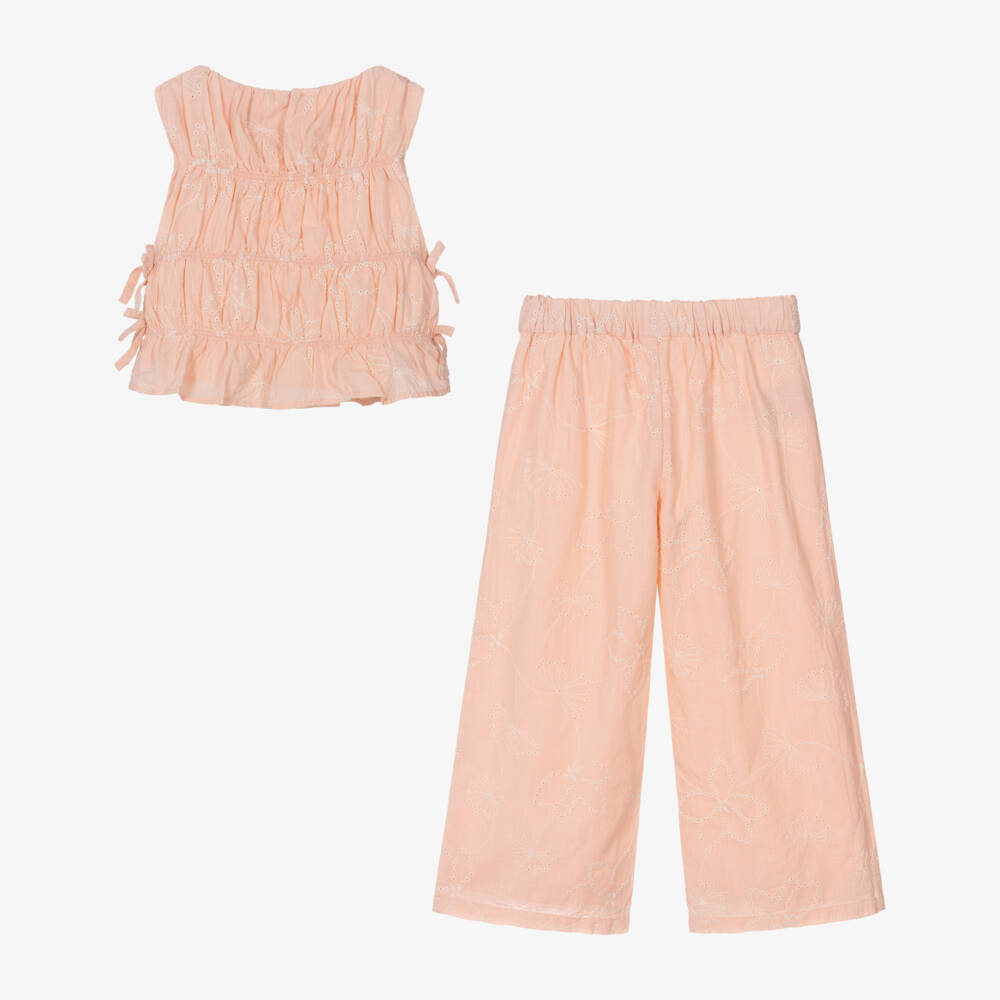 Mayoral-Girls Pink Cotton Trouser Set with Broderie Details | Childrensalon