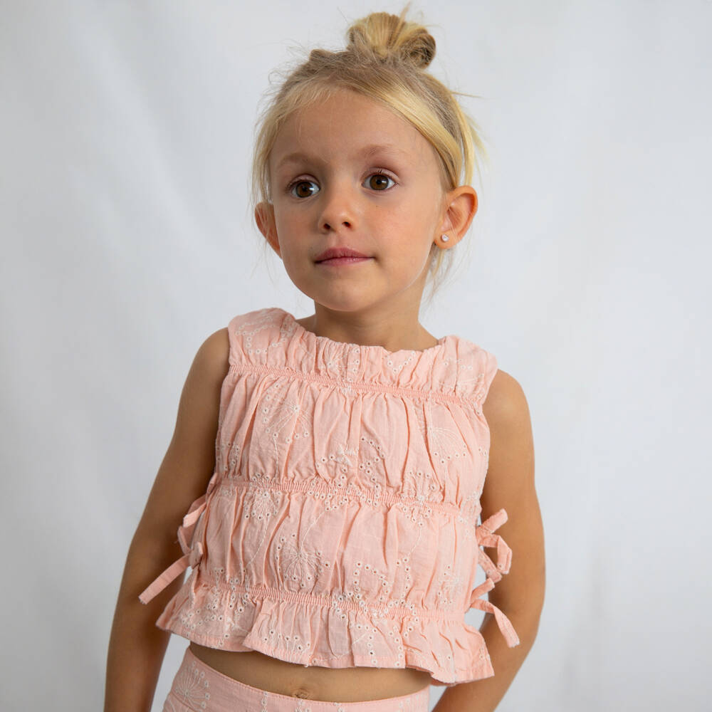 Mayoral-Girls Pink Cotton Trouser Set with Broderie Details | Childrensalon