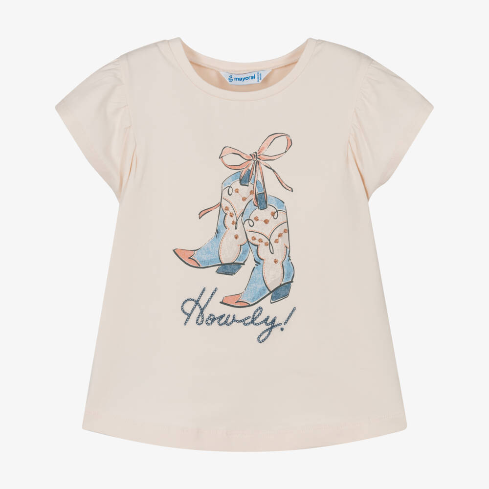 Mayoral-Girls Pink Cowboy Boot Print Cotton T-Shirt | Childrensalon