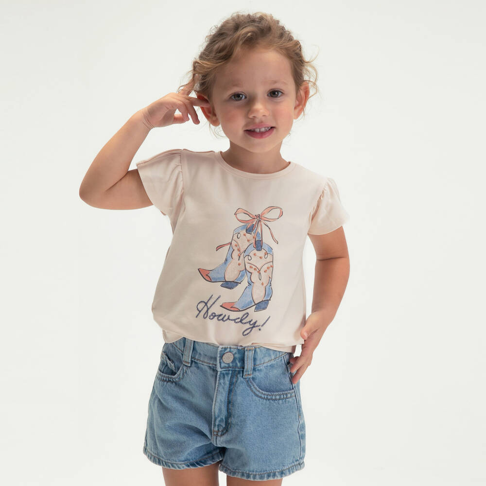 Mayoral-Футболка розовая из хлопка с ковбойскими сапогами для девочек | Childrensalon