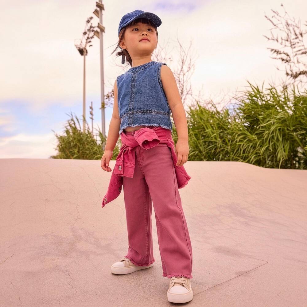 Mayoral-Girls Pink Denim Wide Leg Jeans | Childrensalon