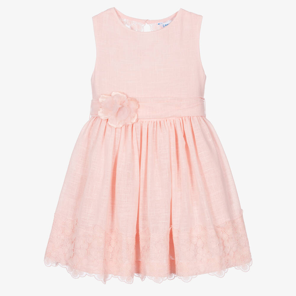 Mayoral-Girls Pink Dress with Floral Lace Panel | Childrensalon