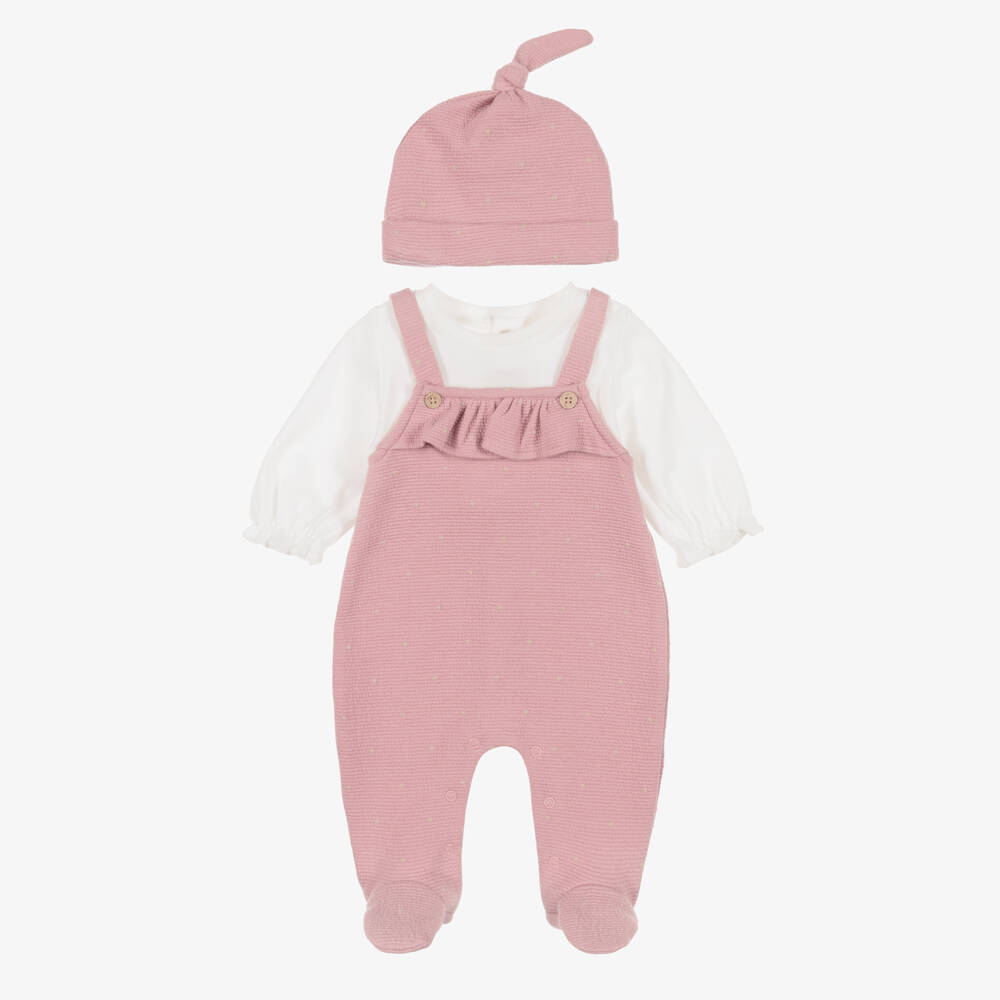 Mayoral Newborn-Girls Pink Dungaree Style Babysuit & Hat Set | Childrensalon