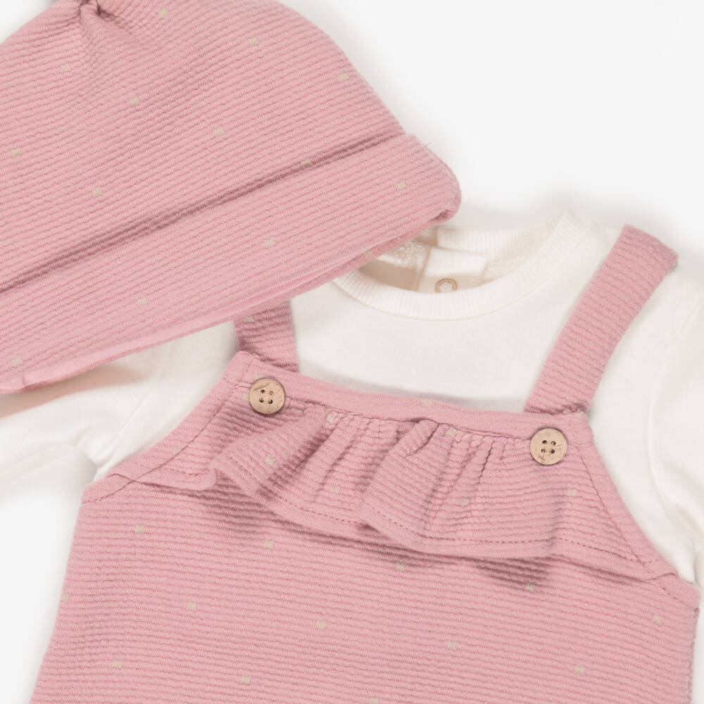 Mayoral Newborn-Girls Pink Dungaree Style Babysuit & Hat Set | Childrensalon