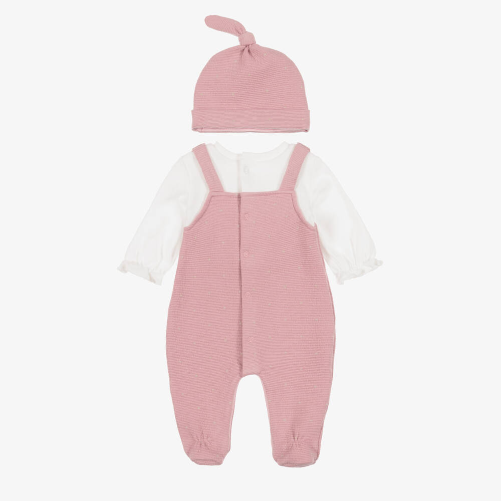 Mayoral Newborn-Girls Pink Dungaree Style Babysuit & Hat Set | Childrensalon