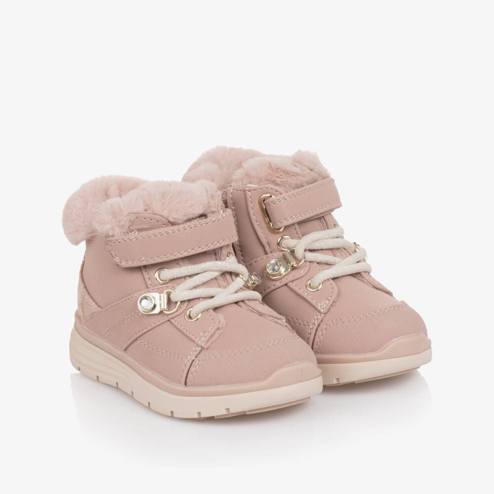 Mayoral-Girls Pink Faux Leather Ankle Boots with Faux Fur Lining | Childrensalon