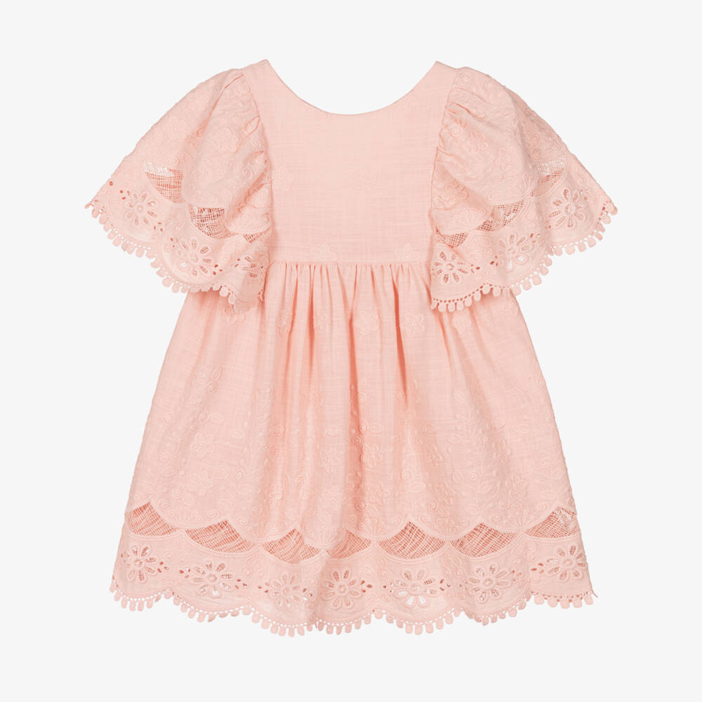 Mayoral-Girls Pink Floral Embroidered & Lace Trim Dress | Childrensalon