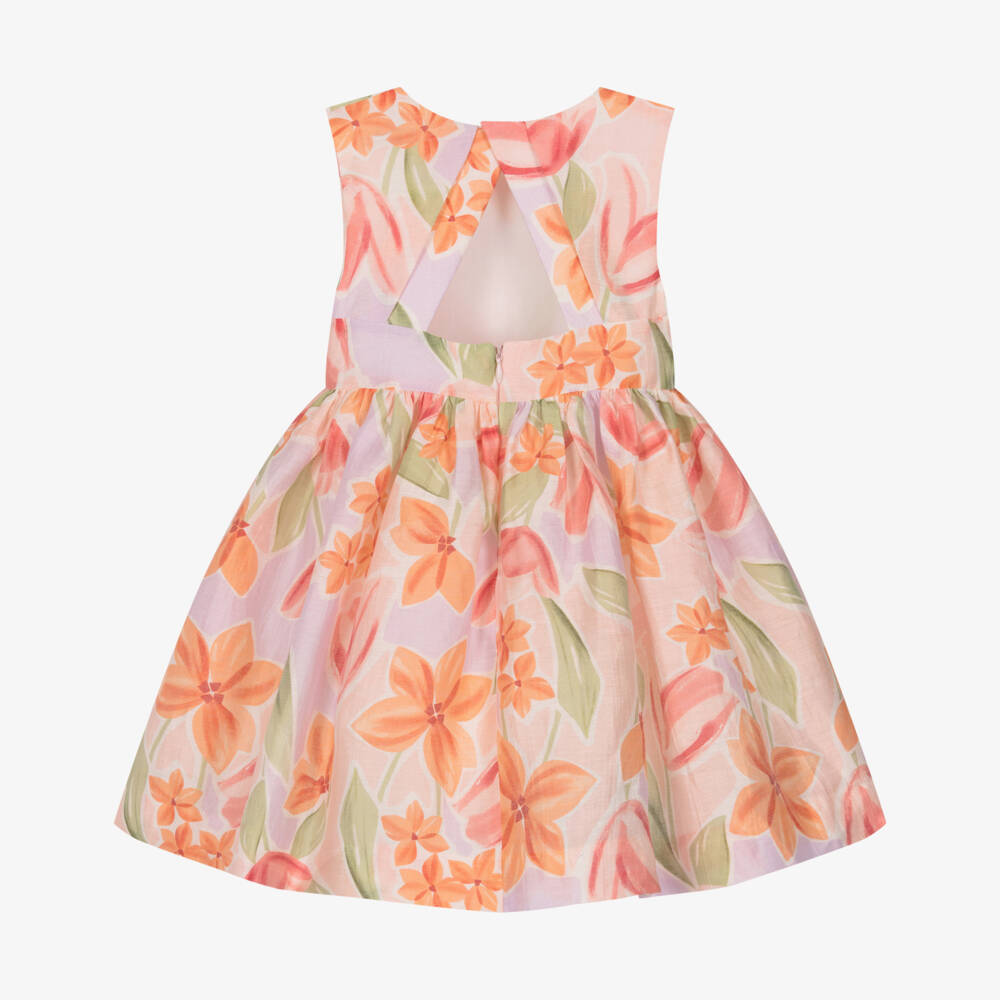 Mayoral-Girls Pink Floral Linen Organza Dress | Childrensalon