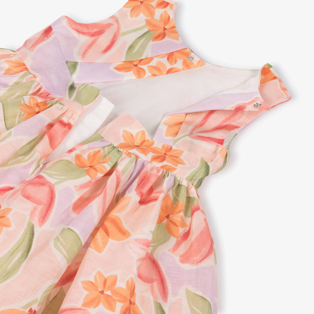 Mayoral-Girls Pink Floral Linen Organza Dress | Childrensalon