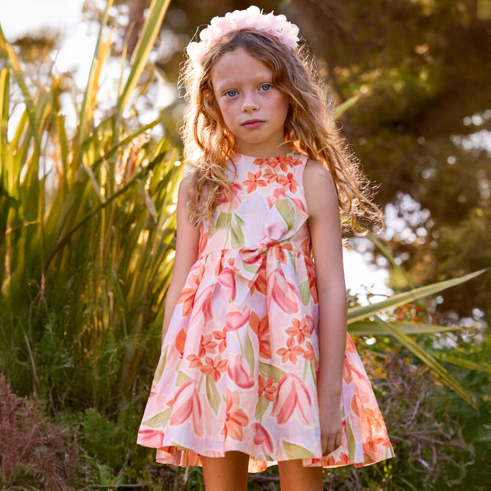 Mayoral-Платье розовое из льняной органзы с цветочным узором для девочек | Childrensalon