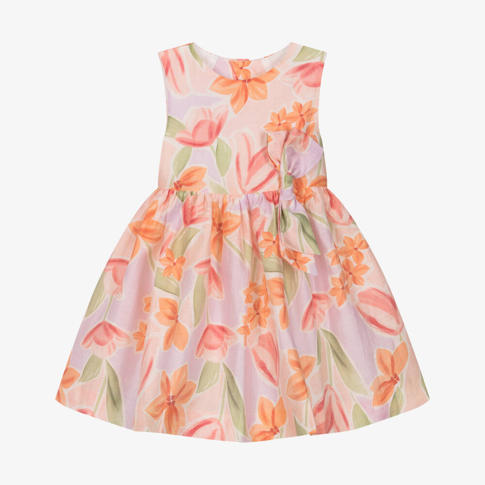 Mayoral-Girls Pink Floral Linen Organza Dress  | Childrensalon