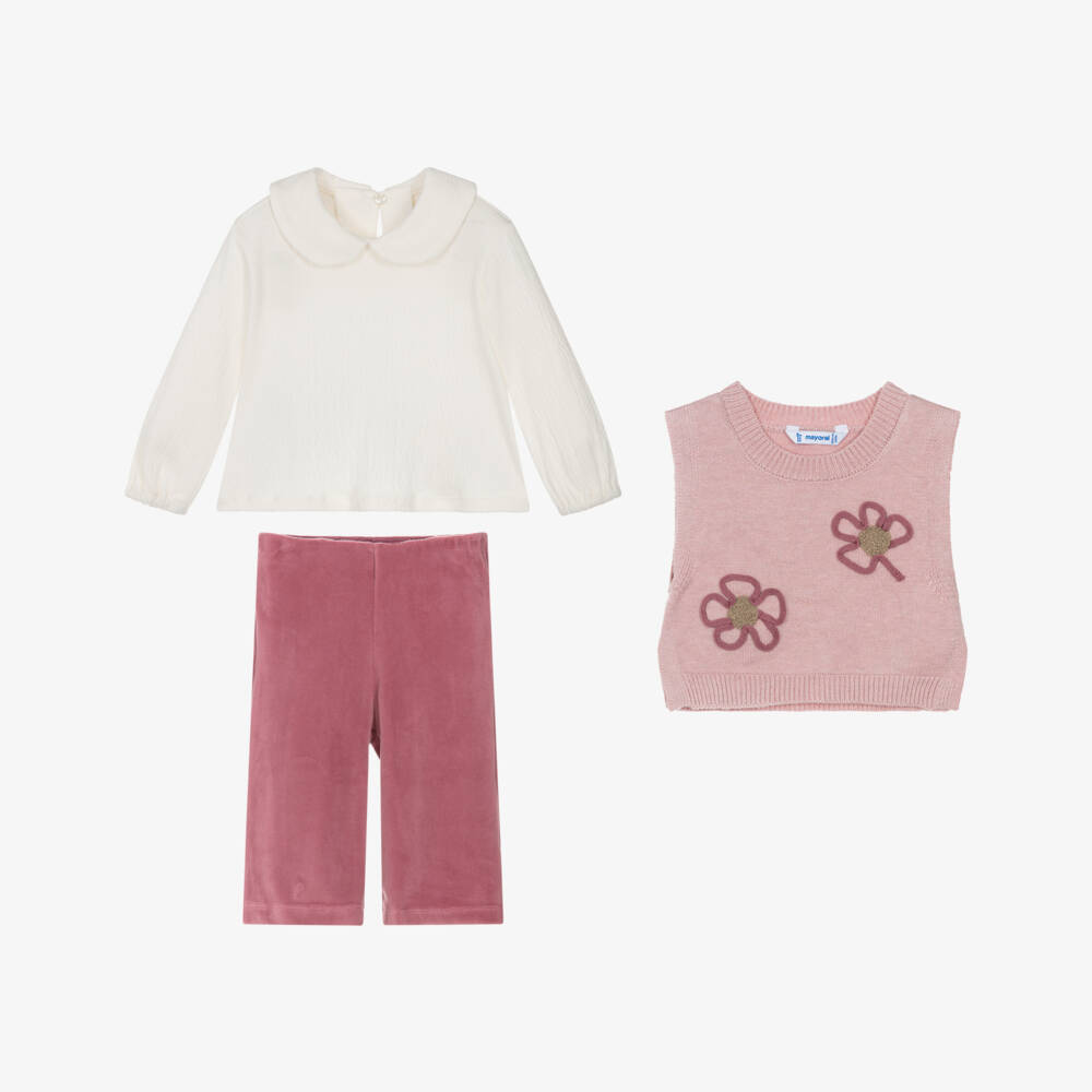 Mayoral-Girls Pink Flower Velour Trouser Set | Childrensalon