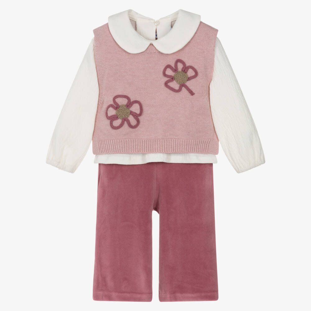 Mayoral-Girls Pink Flower Velour Trouser Set | Childrensalon