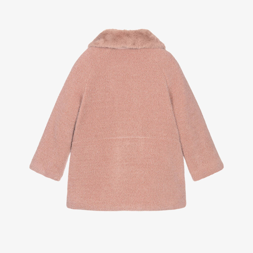 Mayoral-Пальто розовое пушистое с воротником из искусственного меха для девочек | Childrensalon