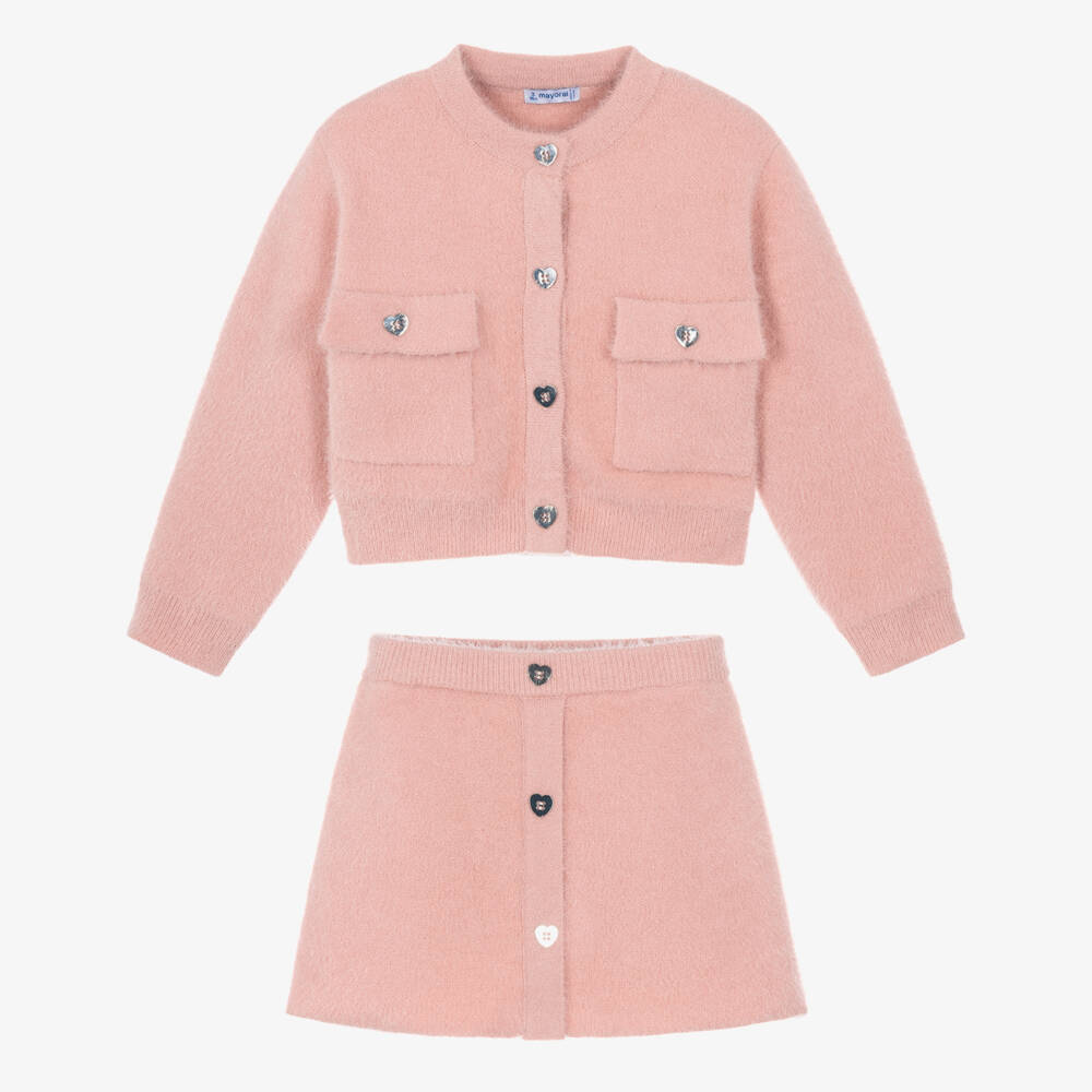 Mayoral-Girls Pink Fluffy Knit Skirt Set | Childrensalon