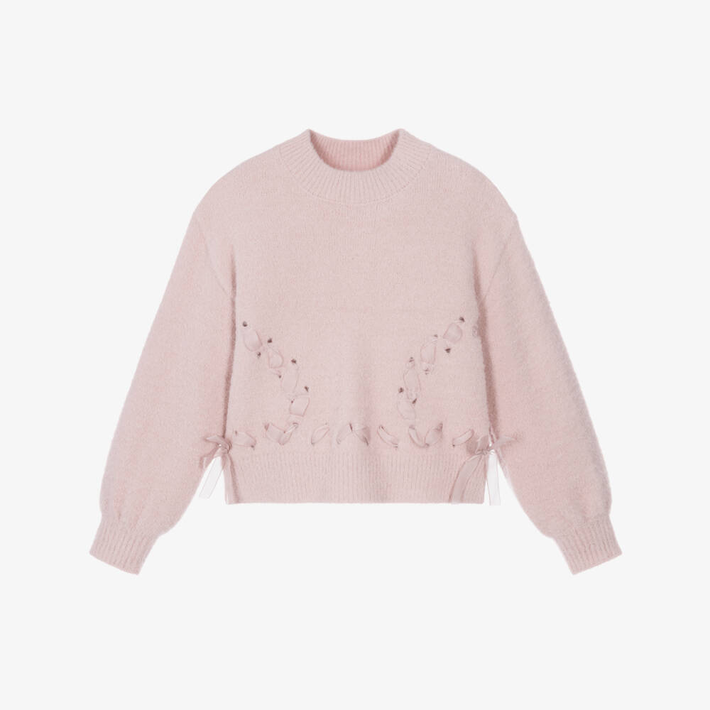 Mayoral-Girls Pink Fluffy Knit Sweater with Ribbon Detail | Childrensalon