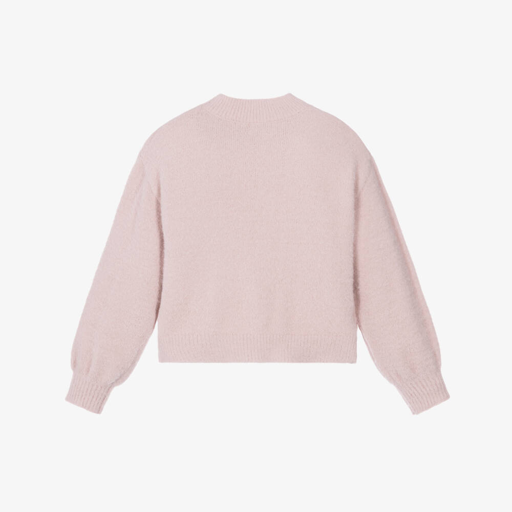 Mayoral-Girls Pink Fluffy Knit Sweater with Ribbon Detail | Childrensalon
