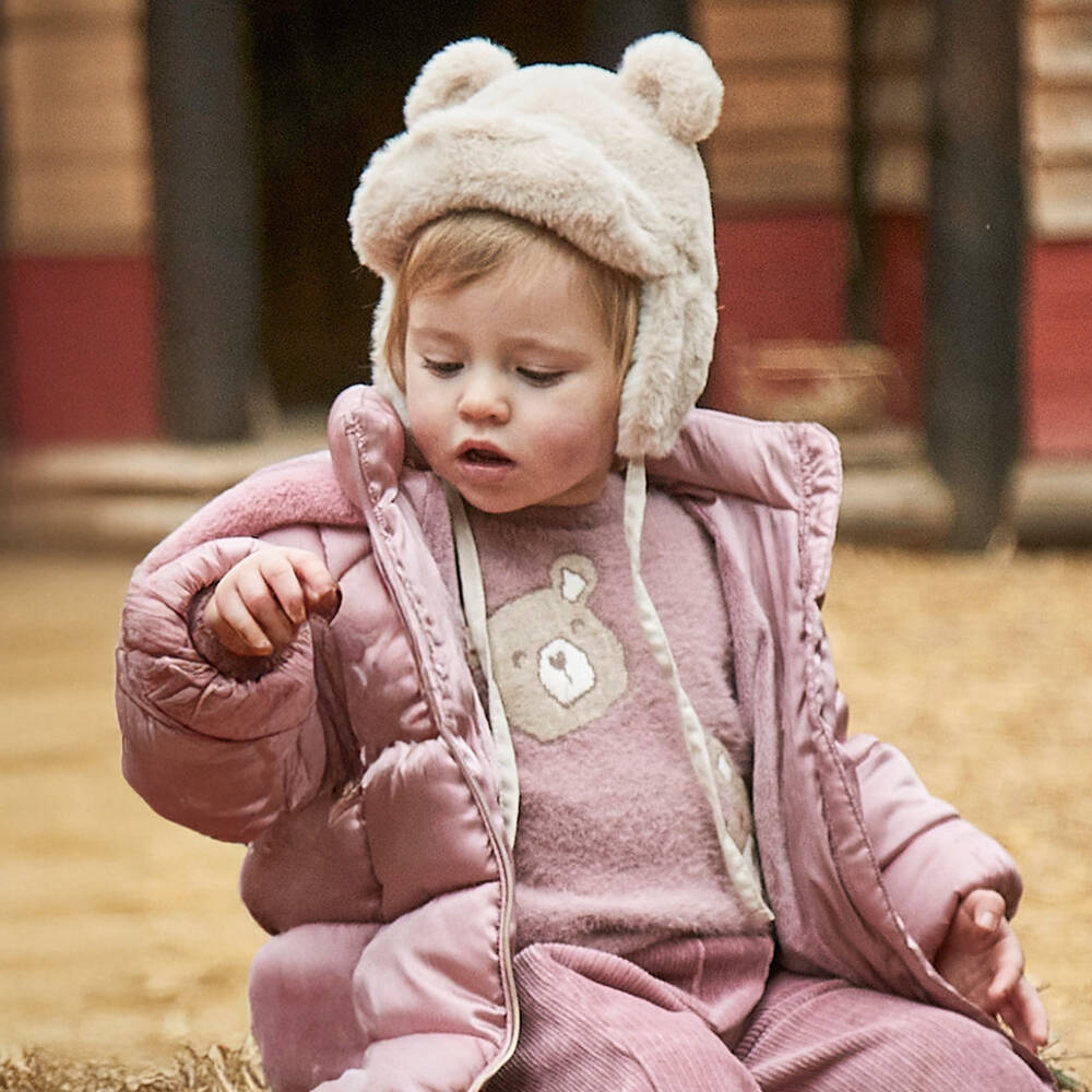 Mayoral-Свитер розовый пушистый вязаный с мишками для девочек | Childrensalon