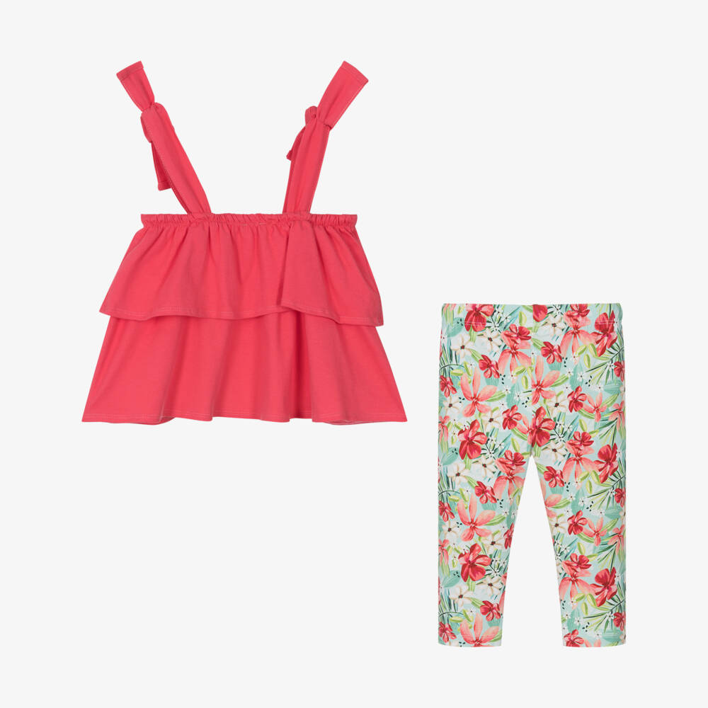 Mayoral-Girls Pink & Green Floral Cotton Leggings Set | Childrensalon