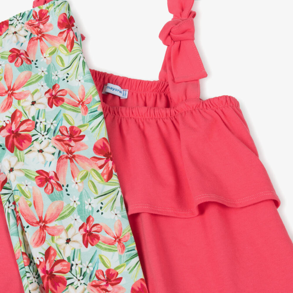 Mayoral-Girls Pink & Green Floral Cotton Leggings Set | Childrensalon