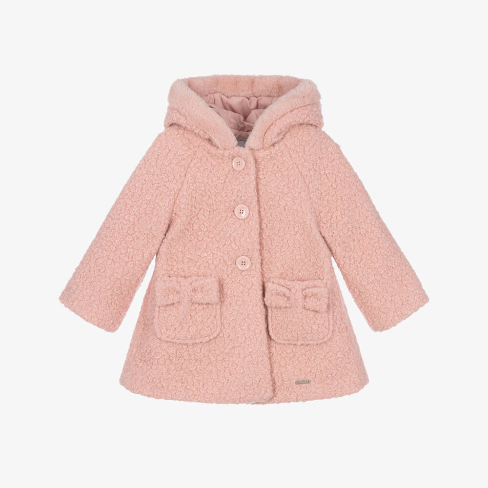 Mayoral-Girls Pink Hooded Bouclé Coat | Childrensalon