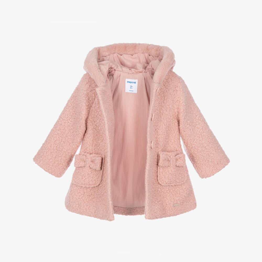 Mayoral-Girls Pink Hooded Bouclé Coat | Childrensalon