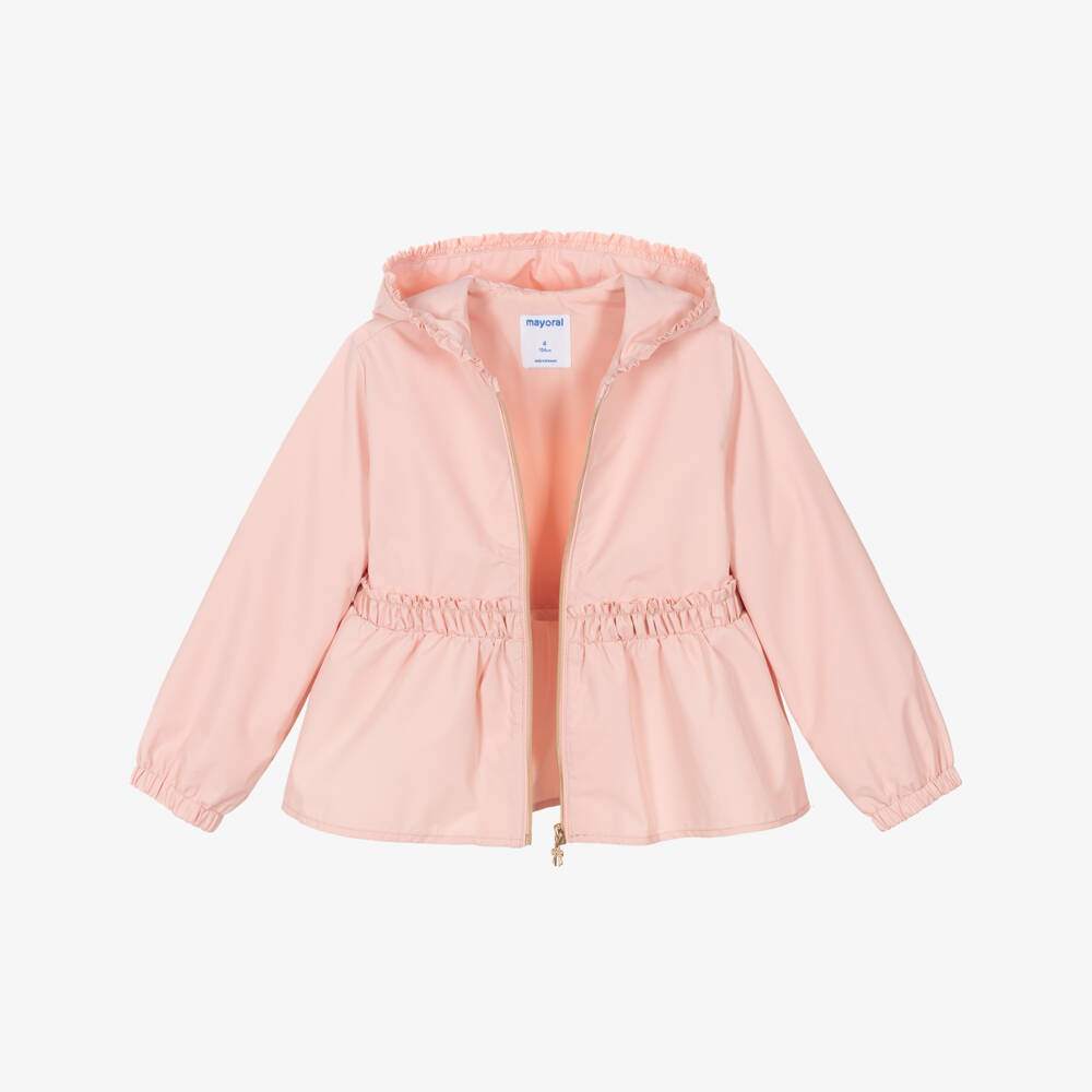 Mayoral-Girls Pink Hooded Jacket with Ruffles | Childrensalon