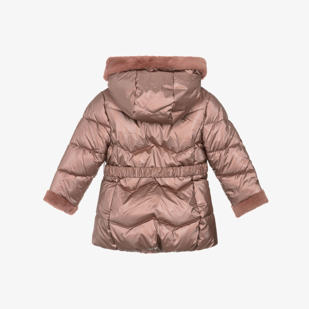 Mayoral-Girls Pink Hooded Puffer Coat with Faux Fur Trims | Childrensalon