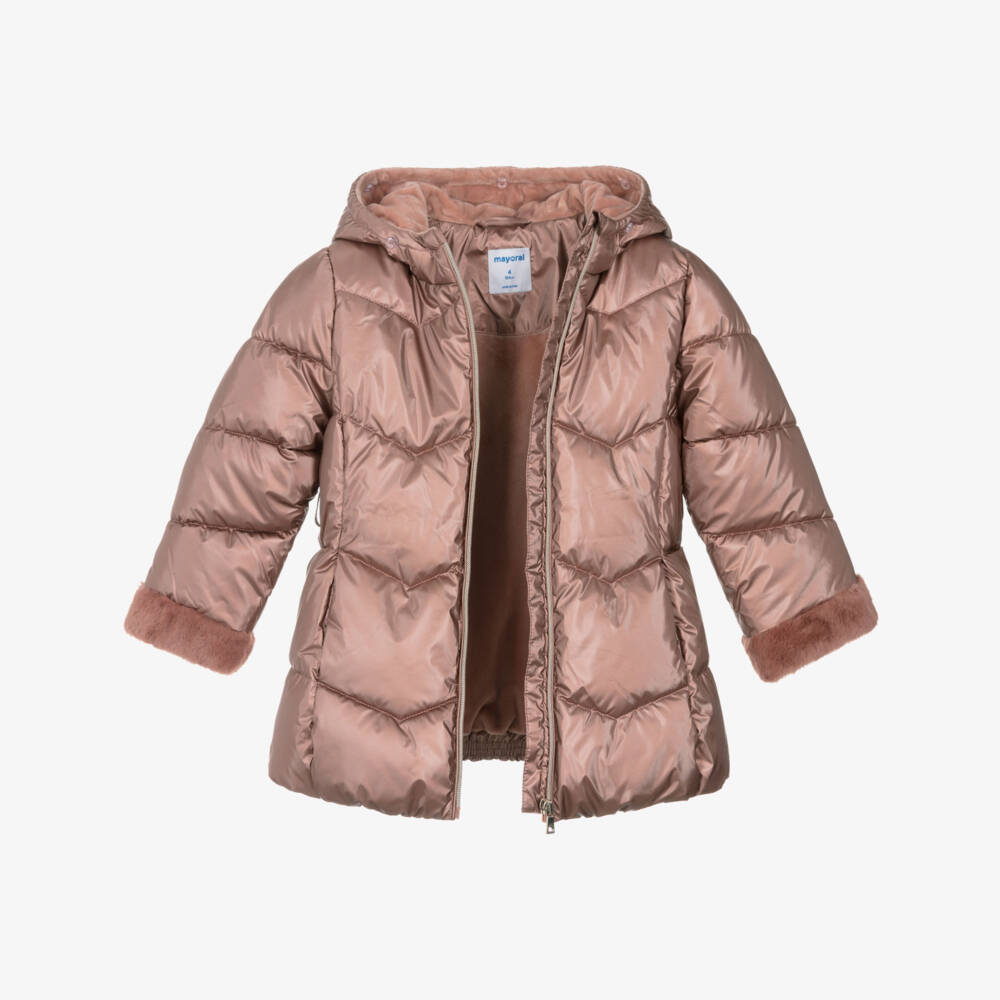 Mayoral-Girls Pink Hooded Puffer Coat with Faux Fur Trims | Childrensalon