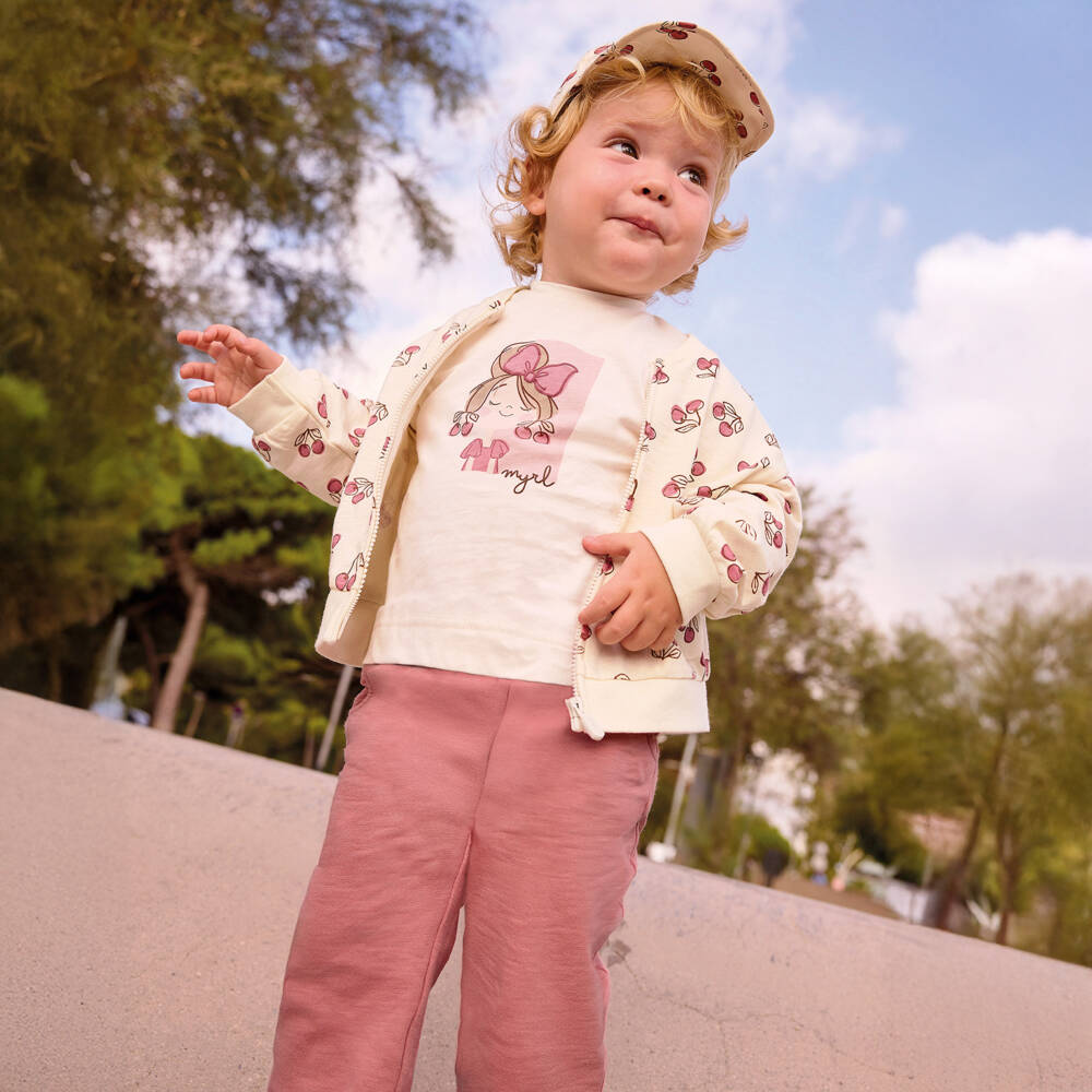 Mayoral-Girls Pink & Ivory Cotton Jersey Trouser Set | Childrensalon