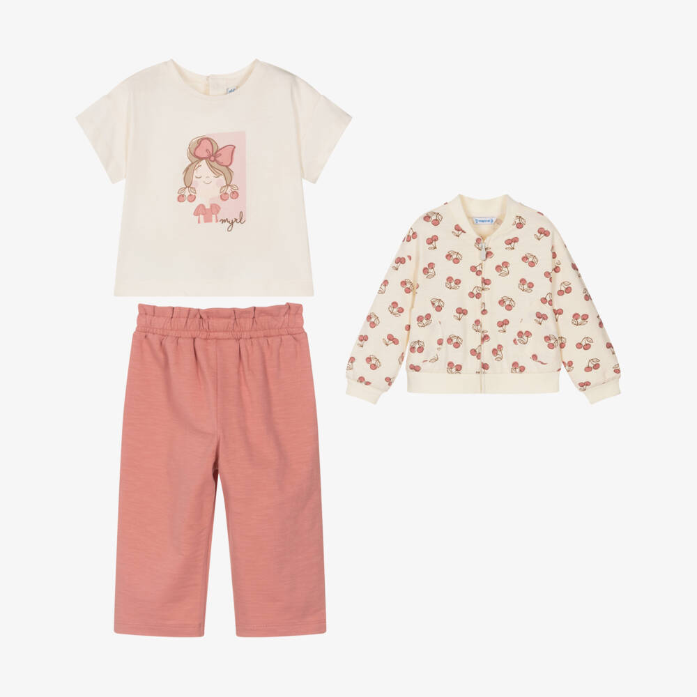 Mayoral-Girls Pink & Ivory Cotton Jersey Trouser Set | Childrensalon