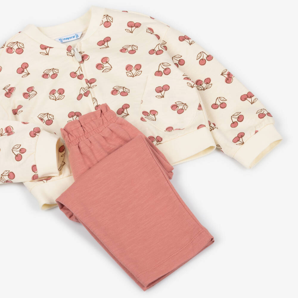 Mayoral-Girls Pink & Ivory Cotton Jersey Trouser Set | Childrensalon