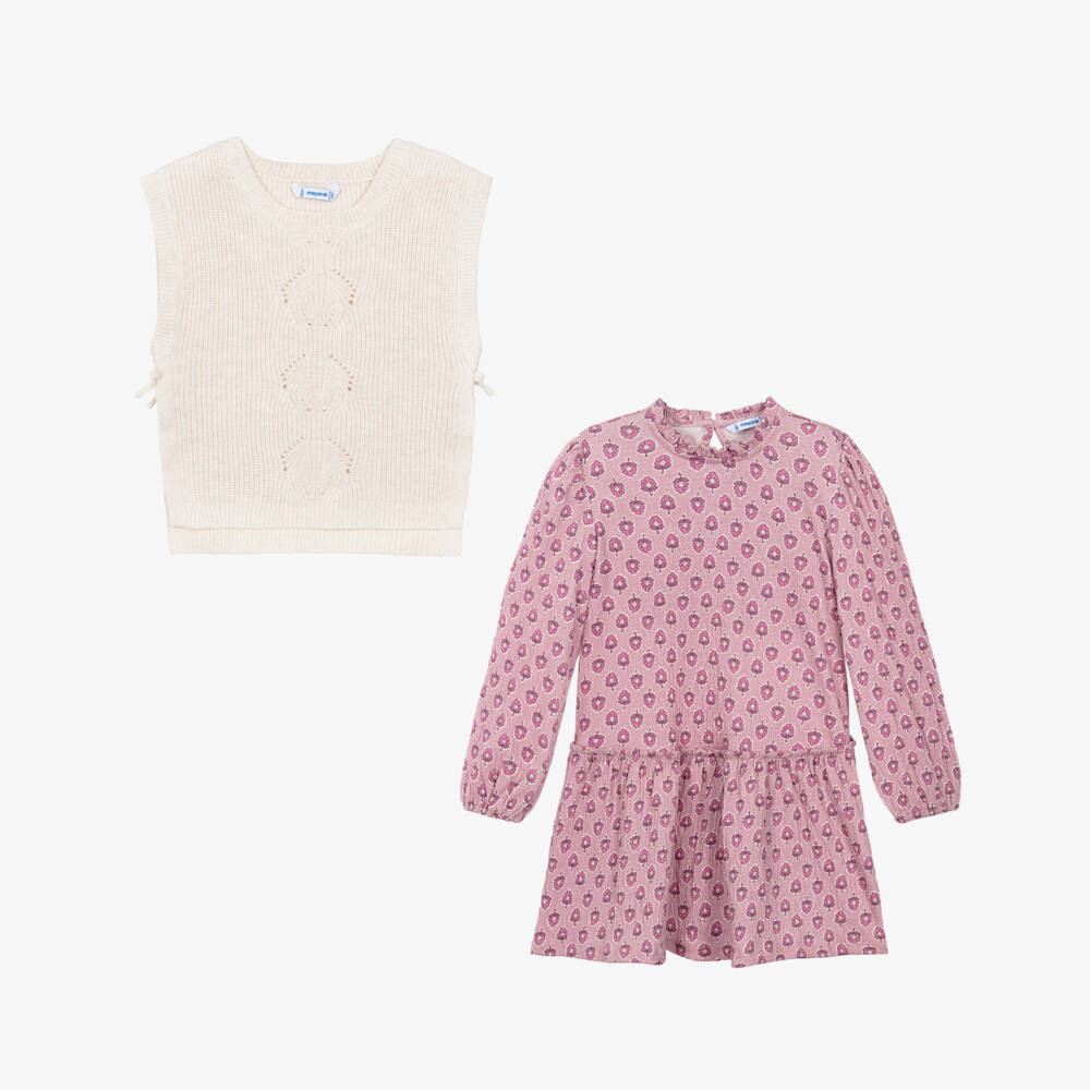 Mayoral-Girls Pink & Ivory Floral Jersey Dress Set  | Childrensalon