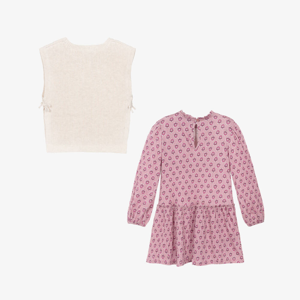 Mayoral-Girls Pink & Ivory Floral Jersey Dress Set  | Childrensalon