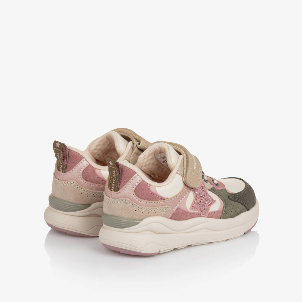 Mayoral-Girls Pink & Ivory Leather Trainers with Sparkly Star Detail | Childrensalon
