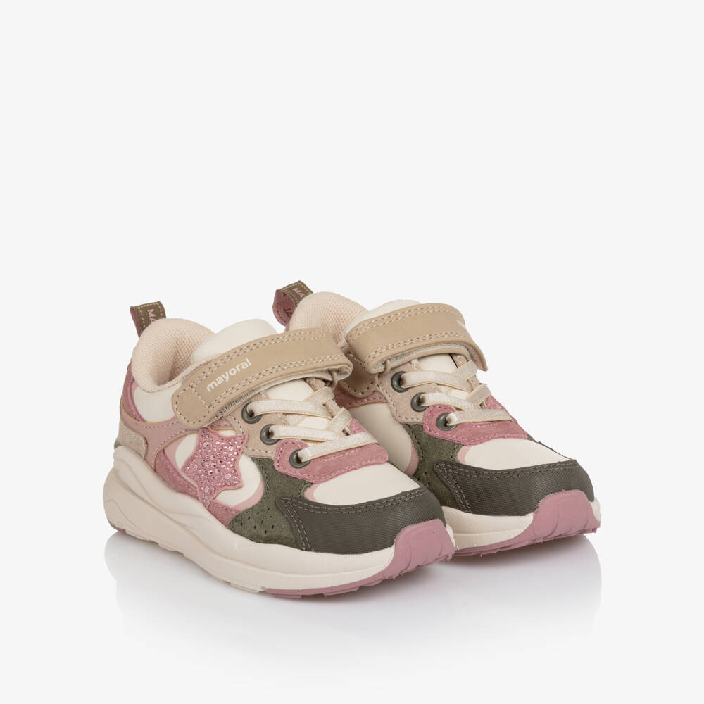 Mayoral-Кроссовки розово-кремовые из кожи с блестящей звездой для девочек | Childrensalon