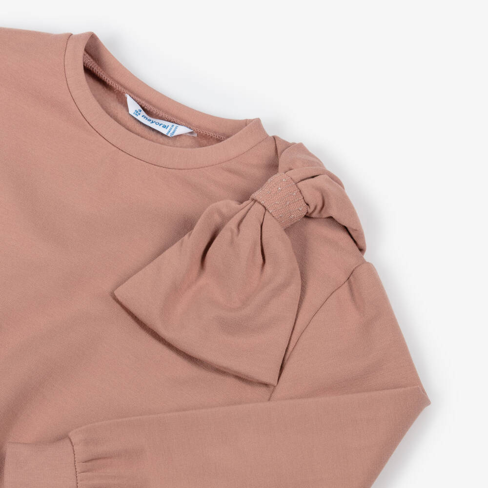 Mayoral-Girls Pink Jersey Sweatshirt with Shoulder Bow | Childrensalon