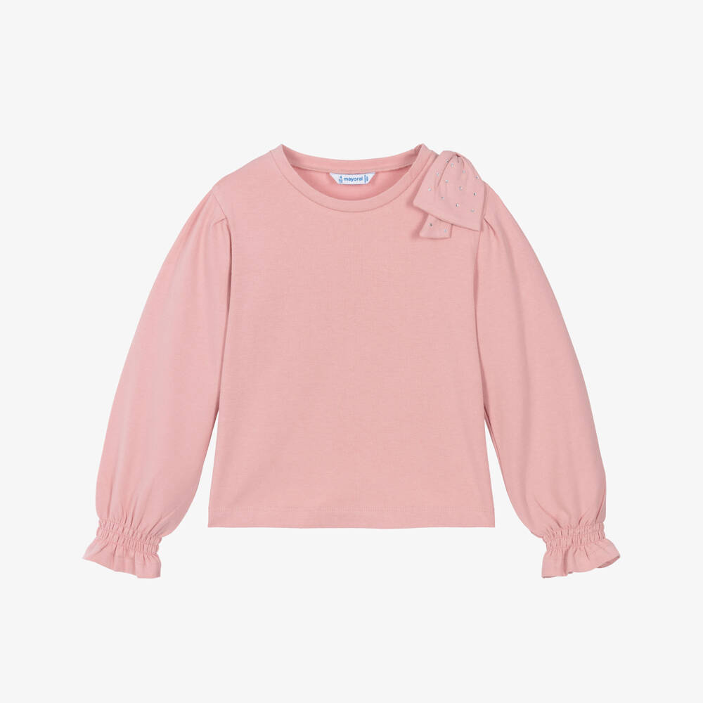 Mayoral-Girls Pink Jersey Top with Rhinestone Bow | Childrensalon