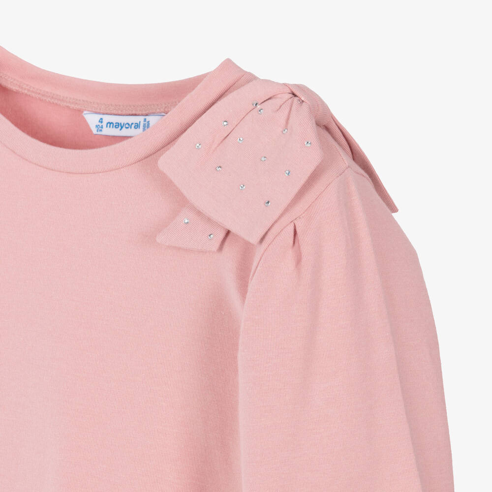 Mayoral-Girls Pink Jersey Top with Rhinestone Bow | Childrensalon